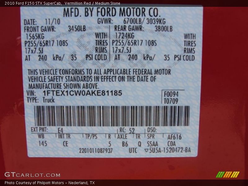 2010 F150 STX SuperCab Vermillion Red Color Code E4
