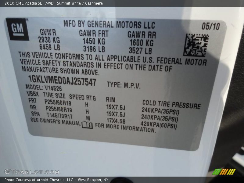 Summit White / Cashmere 2010 GMC Acadia SLT AWD