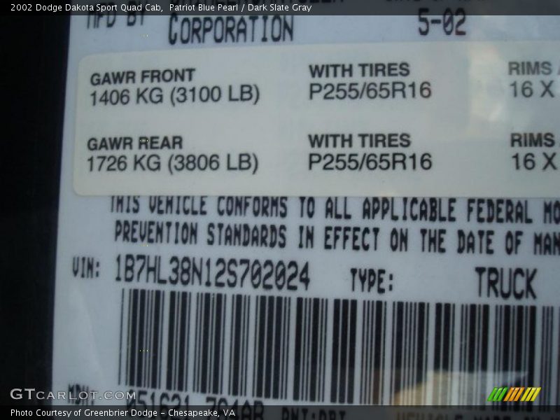 Patriot Blue Pearl / Dark Slate Gray 2002 Dodge Dakota Sport Quad Cab