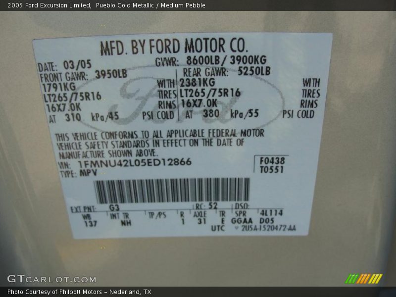 2005 Excursion Limited Pueblo Gold Metallic Color Code G3