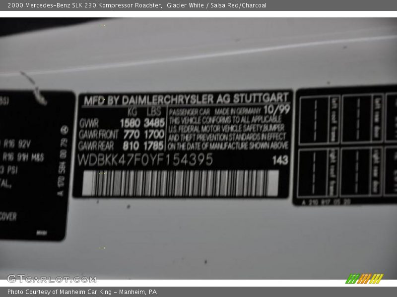 2000 SLK 230 Kompressor Roadster Glacier White Color Code 143