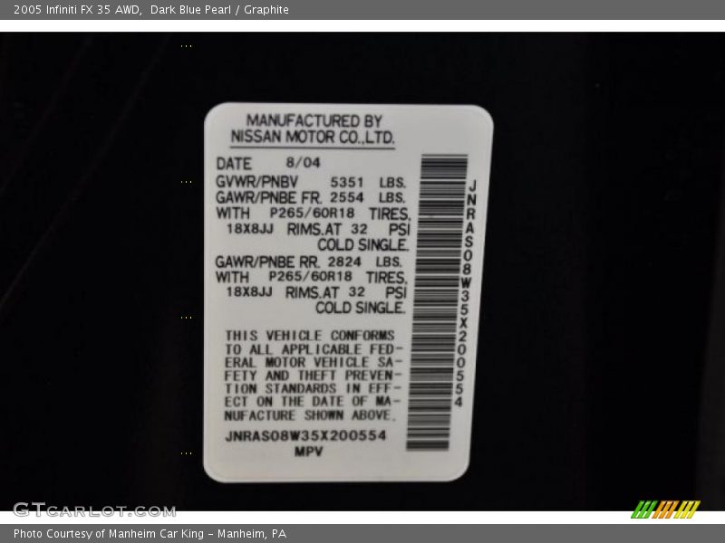 Dark Blue Pearl / Graphite 2005 Infiniti FX 35 AWD