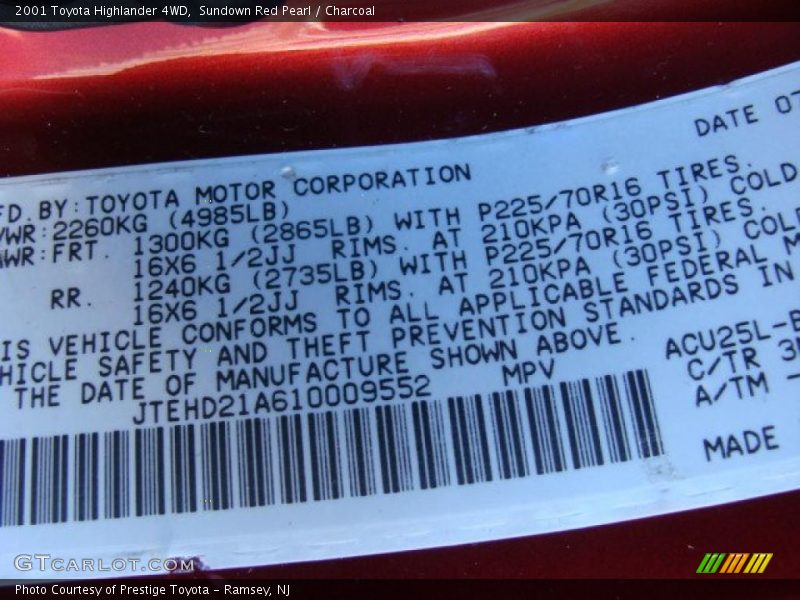 Sundown Red Pearl / Charcoal 2001 Toyota Highlander 4WD