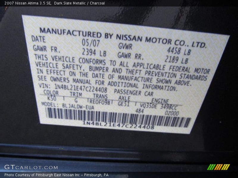 Dark Slate Metallic / Charcoal 2007 Nissan Altima 3.5 SE