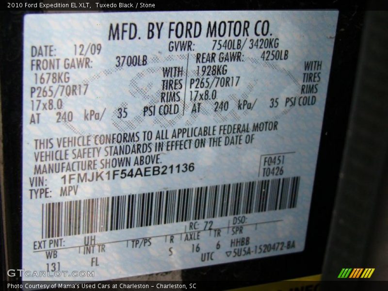 2010 Expedition EL XLT Tuxedo Black Color Code UH