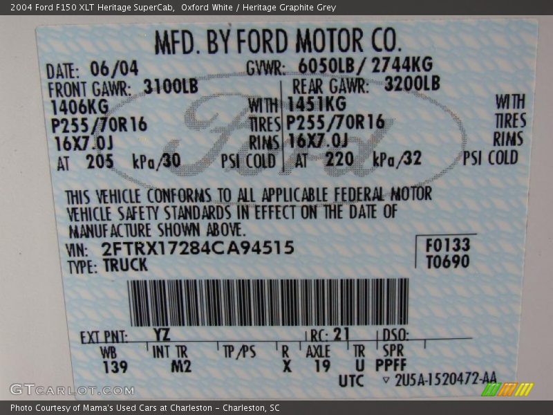 Oxford White / Heritage Graphite Grey 2004 Ford F150 XLT Heritage SuperCab