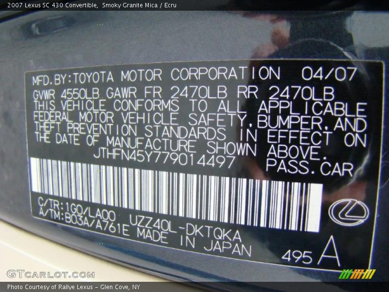 2007 SC 430 Convertible Smoky Granite Mica Color Code 1G0