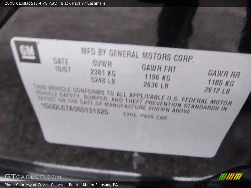 Info Tag of 2008 STS 4 V8 AWD