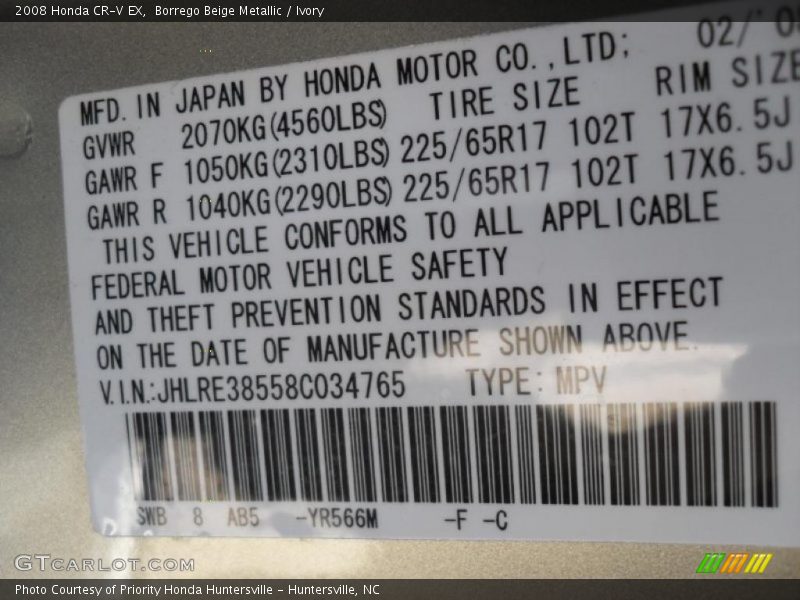 2008 CR-V EX Borrego Beige Metallic Color Code YR566M