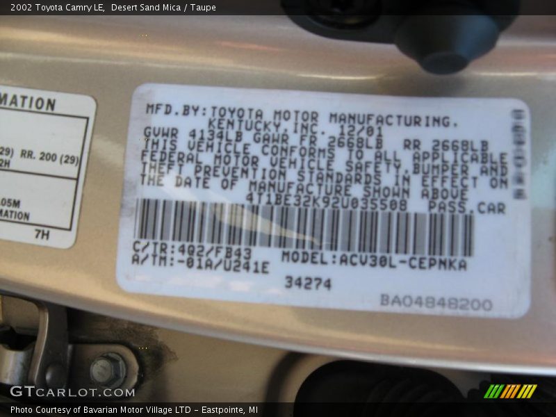 Desert Sand Mica / Taupe 2002 Toyota Camry LE