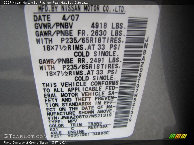 Platinum Pearl Matallic / Cafe Latte 2007 Nissan Murano SL