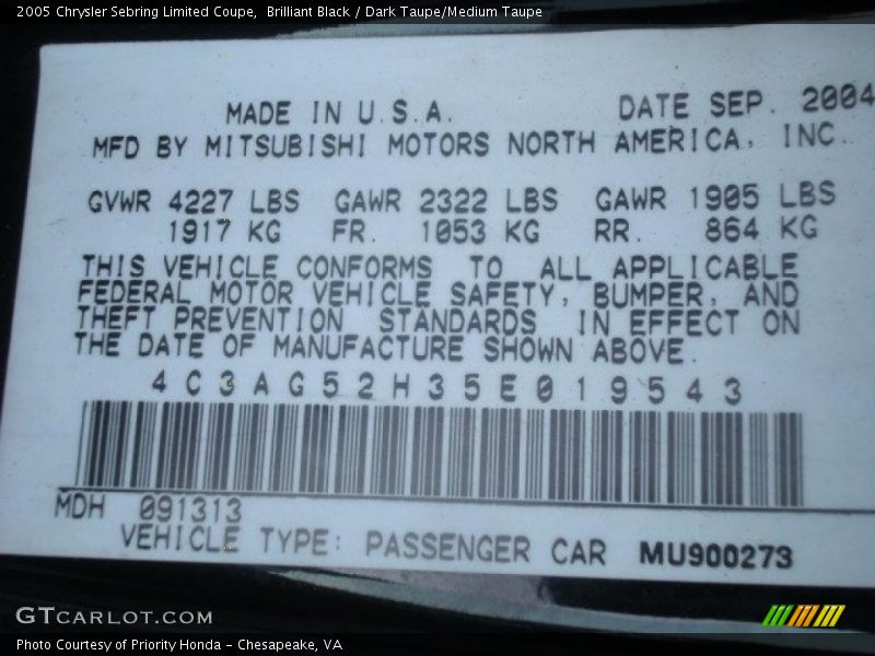 Brilliant Black / Dark Taupe/Medium Taupe 2005 Chrysler Sebring Limited Coupe