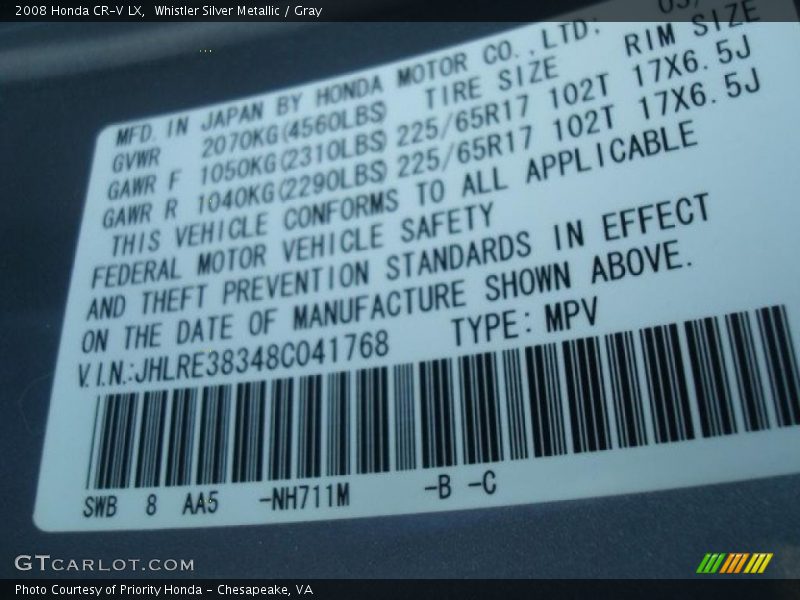 2008 CR-V LX Whistler Silver Metallic Color Code NH711M