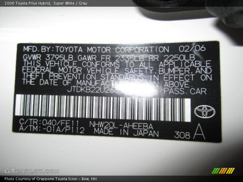 2006 Prius Hybrid Super White Color Code 040