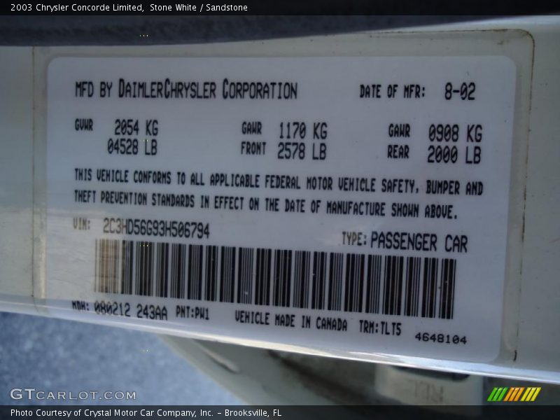 2003 Concorde Limited Stone White Color Code PW1