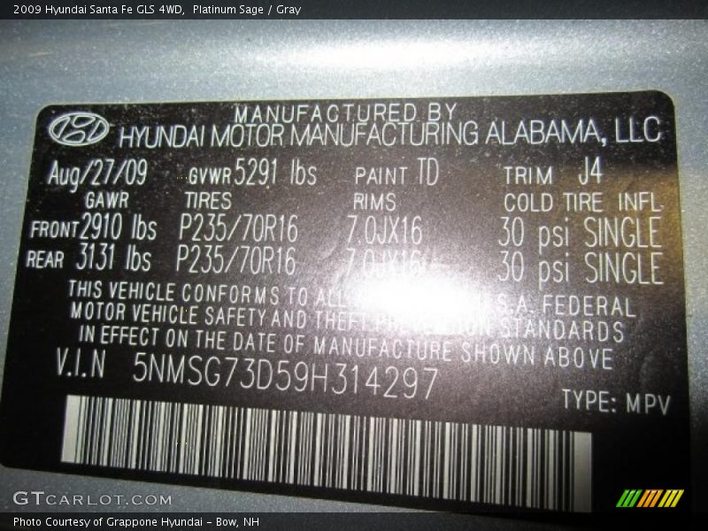 Platinum Sage / Gray 2009 Hyundai Santa Fe GLS 4WD