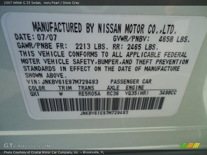Ivory Pearl / Stone Gray 2007 Infiniti G 35 Sedan