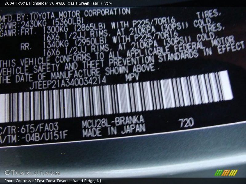 Oasis Green Pearl / Ivory 2004 Toyota Highlander V6 4WD