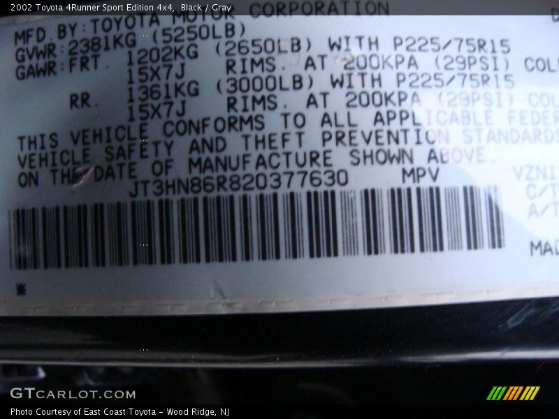 Black / Gray 2002 Toyota 4Runner Sport Edition 4x4