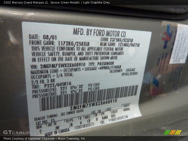 Spruce Green Metallic / Light Graphite Grey 2002 Mercury Grand Marquis LS
