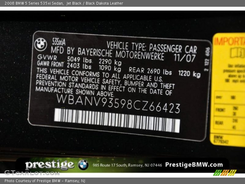 Jet Black / Black Dakota Leather 2008 BMW 5 Series 535xi Sedan