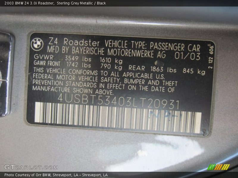 Info Tag of 2003 Z4 3.0i Roadster