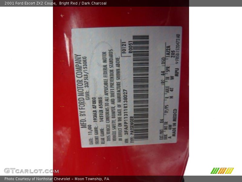 Bright Red / Dark Charcoal 2001 Ford Escort ZX2 Coupe