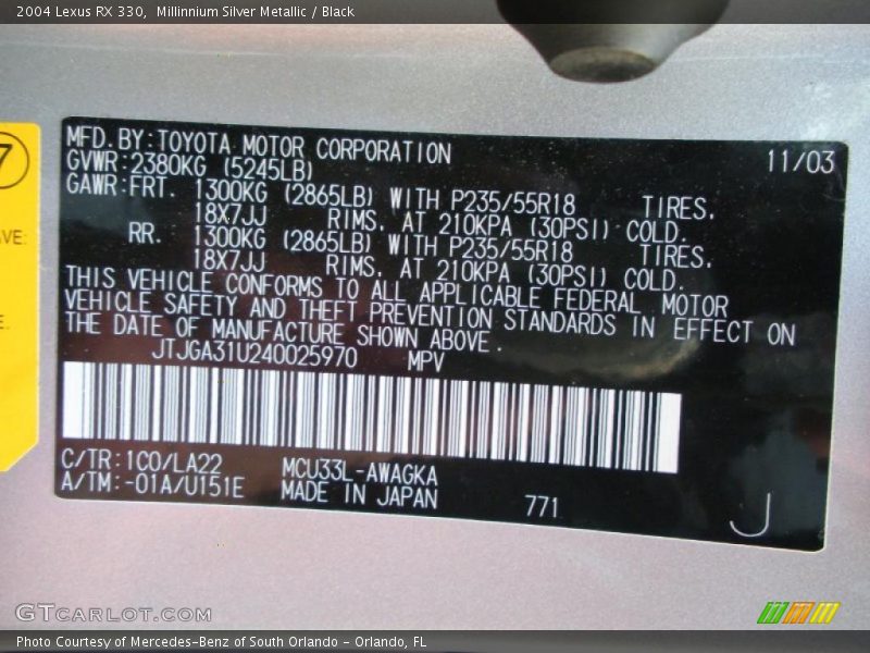 Millinnium Silver Metallic / Black 2004 Lexus RX 330