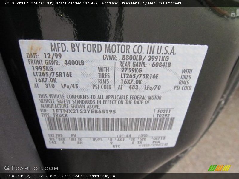 2000 F250 Super Duty Lariat Extended Cab 4x4 Woodland Green Metallic Color Code FV