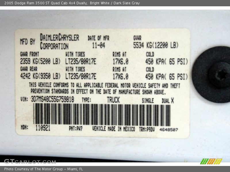 2005 Ram 3500 ST Quad Cab 4x4 Dually Bright White Color Code PW7
