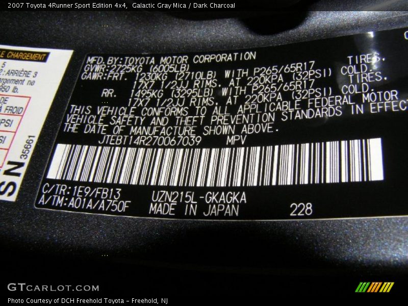 2007 4Runner Sport Edition 4x4 Galactic Gray Mica Color Code 1E9