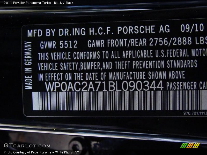 Info Tag of 2011 Panamera Turbo