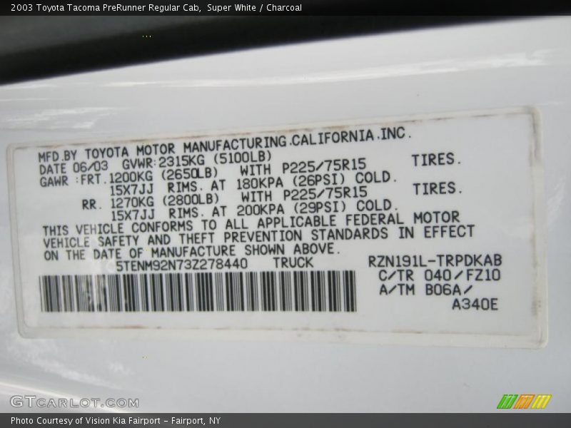 2003 Tacoma PreRunner Regular Cab Super White Color Code 040
