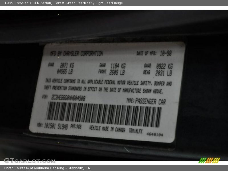 1999 300 M Sedan Forest Green Pearlcoat Color Code PG8