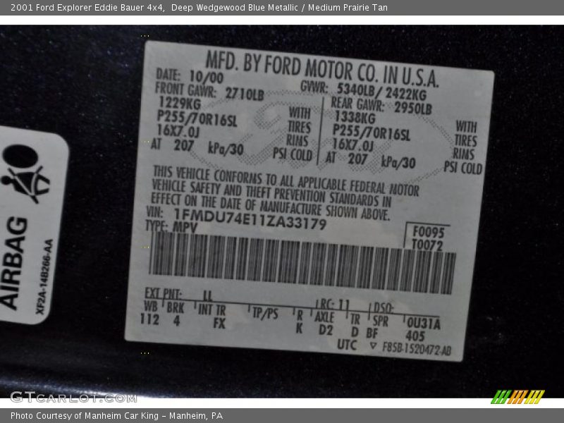 2001 Explorer Eddie Bauer 4x4 Deep Wedgewood Blue Metallic Color Code LL