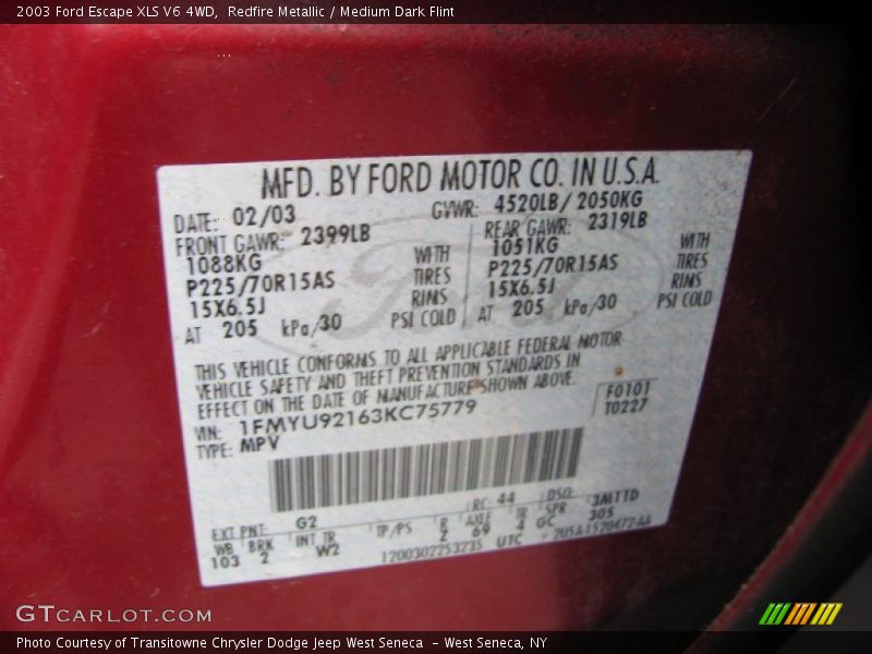 2003 Escape XLS V6 4WD Redfire Metallic Color Code G2