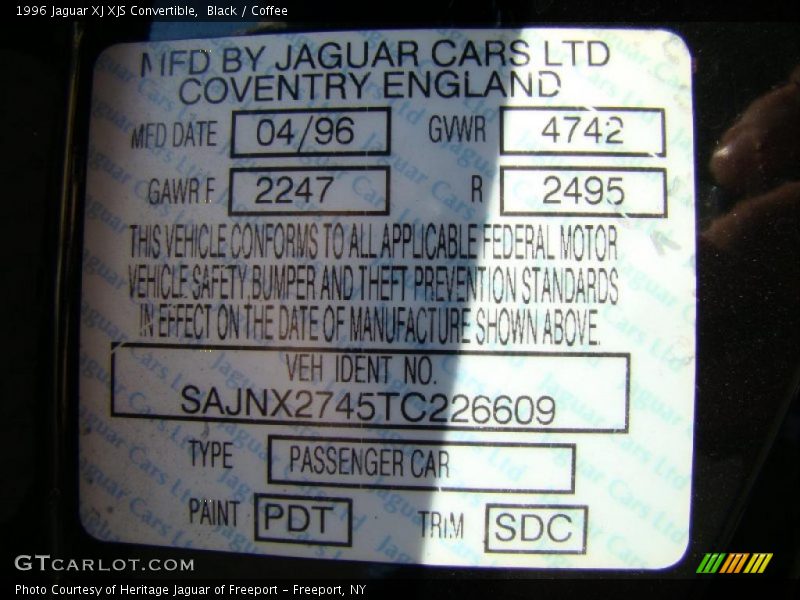 1996 XJ XJS Convertible Black Color Code PDT