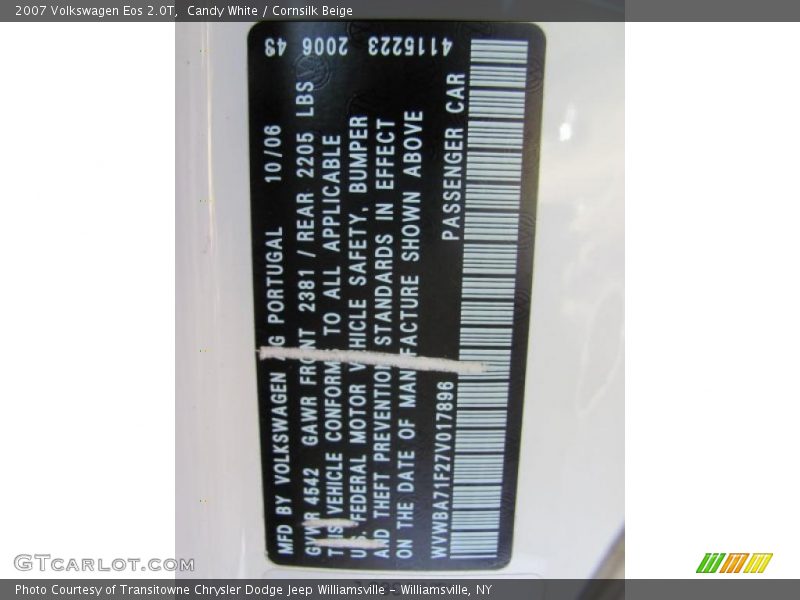 Candy White / Cornsilk Beige 2007 Volkswagen Eos 2.0T