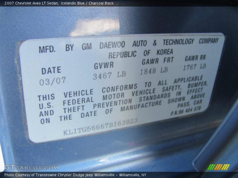 Info Tag of 2007 Aveo LT Sedan