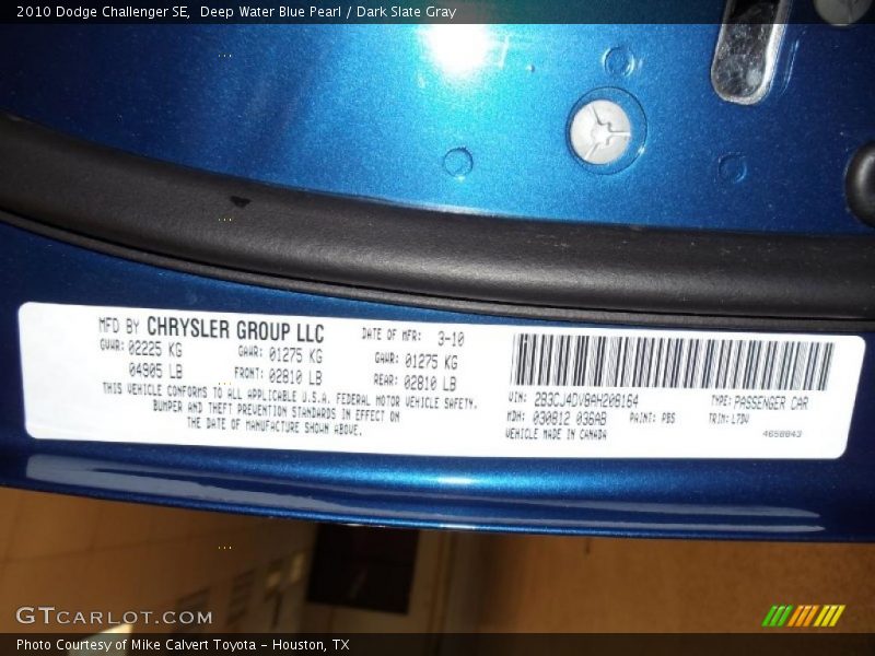 Deep Water Blue Pearl / Dark Slate Gray 2010 Dodge Challenger SE