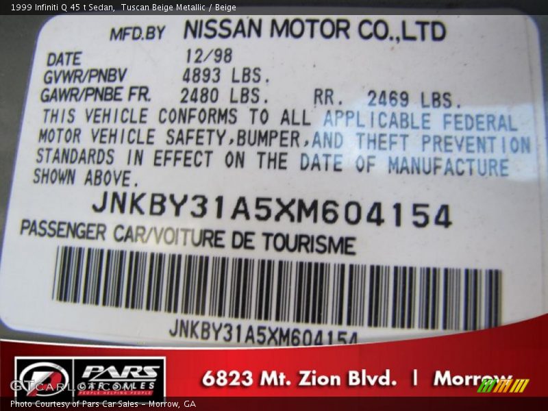 Tuscan Beige Metallic / Beige 1999 Infiniti Q 45 t Sedan