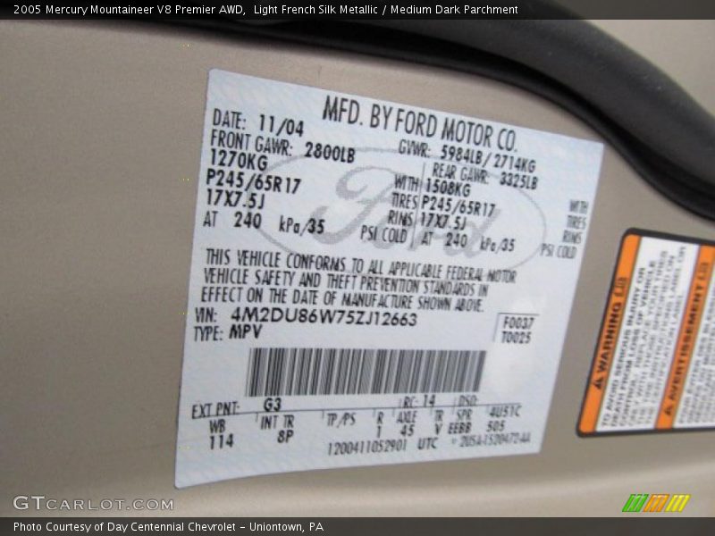 2005 Mountaineer V8 Premier AWD Light French Silk Metallic Color Code G3