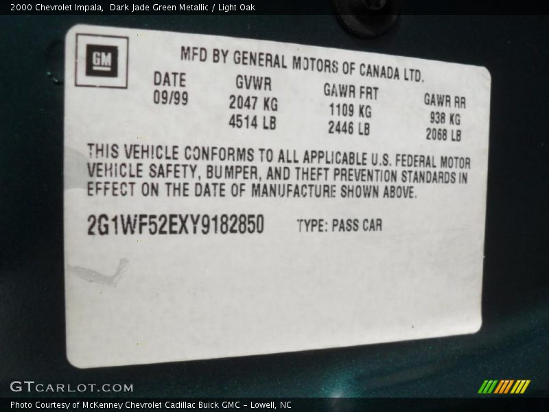 Dark Jade Green Metallic / Light Oak 2000 Chevrolet Impala