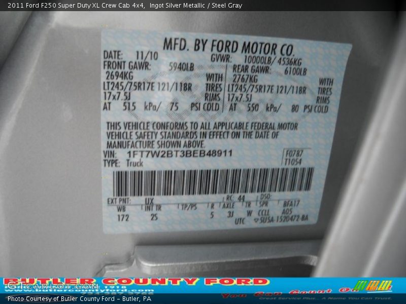 Ingot Silver Metallic / Steel Gray 2011 Ford F250 Super Duty XL Crew Cab 4x4