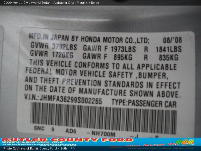 Alabaster Silver Metallic / Beige 2009 Honda Civic Hybrid Sedan
