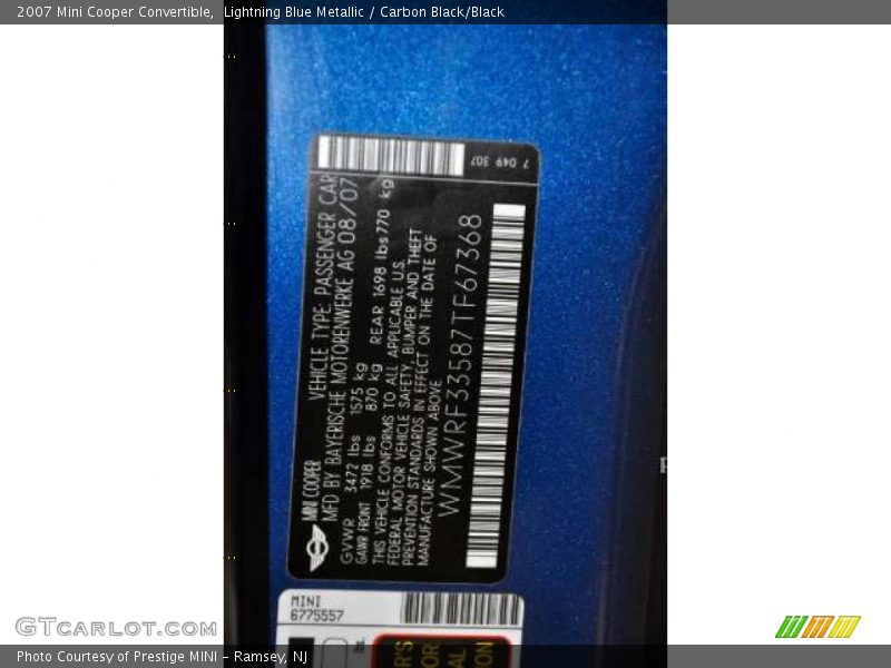 Lightning Blue Metallic / Carbon Black/Black 2007 Mini Cooper Convertible