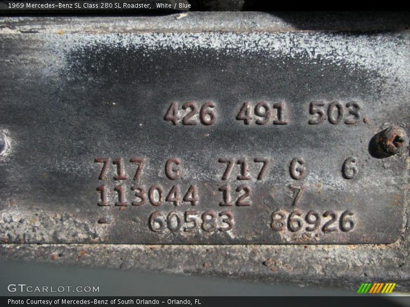 Info Tag of 1969 SL Class 280 SL Roadster