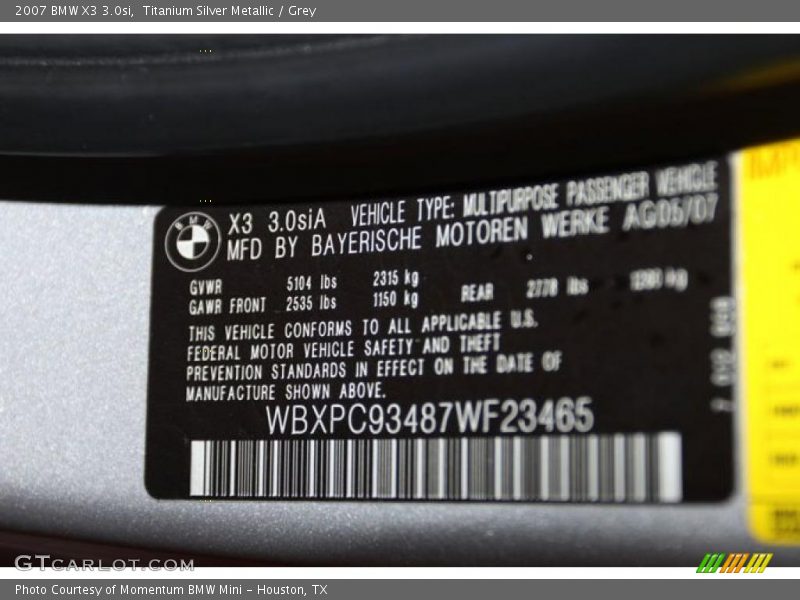 Titanium Silver Metallic / Grey 2007 BMW X3 3.0si