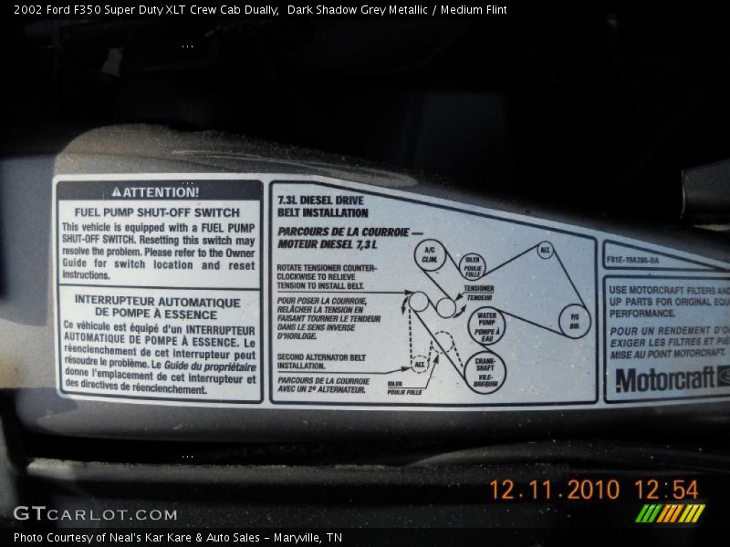 Info Tag of 2002 F350 Super Duty XLT Crew Cab Dually