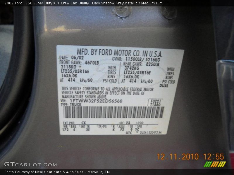 2002 F350 Super Duty XLT Crew Cab Dually Dark Shadow Grey Metallic Color Code CX